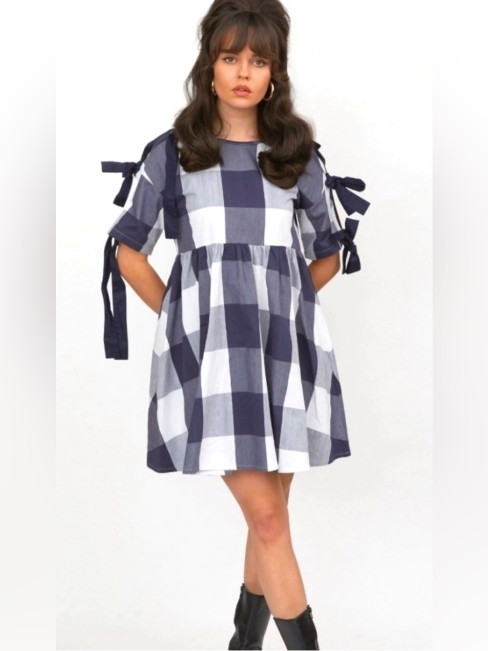 Lazy Oaf Left Field Oversized Buffalo Check Bow Sleeve Babydoll Mini Dress